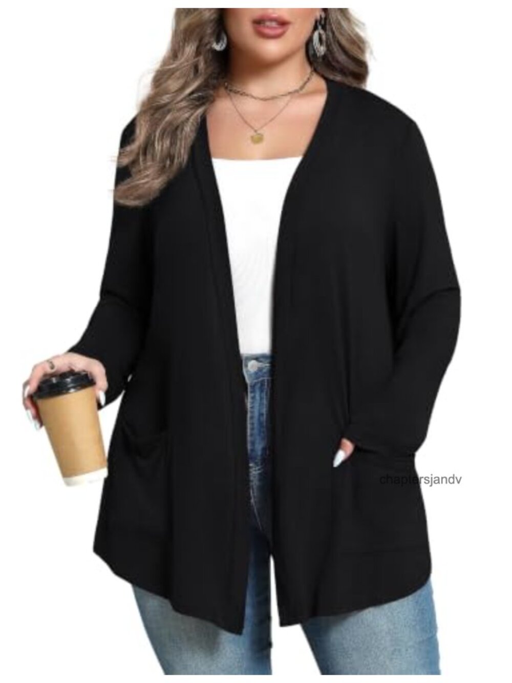 Plus Size Lightweight Cardigan Open Front Pockets Rayon Spandex